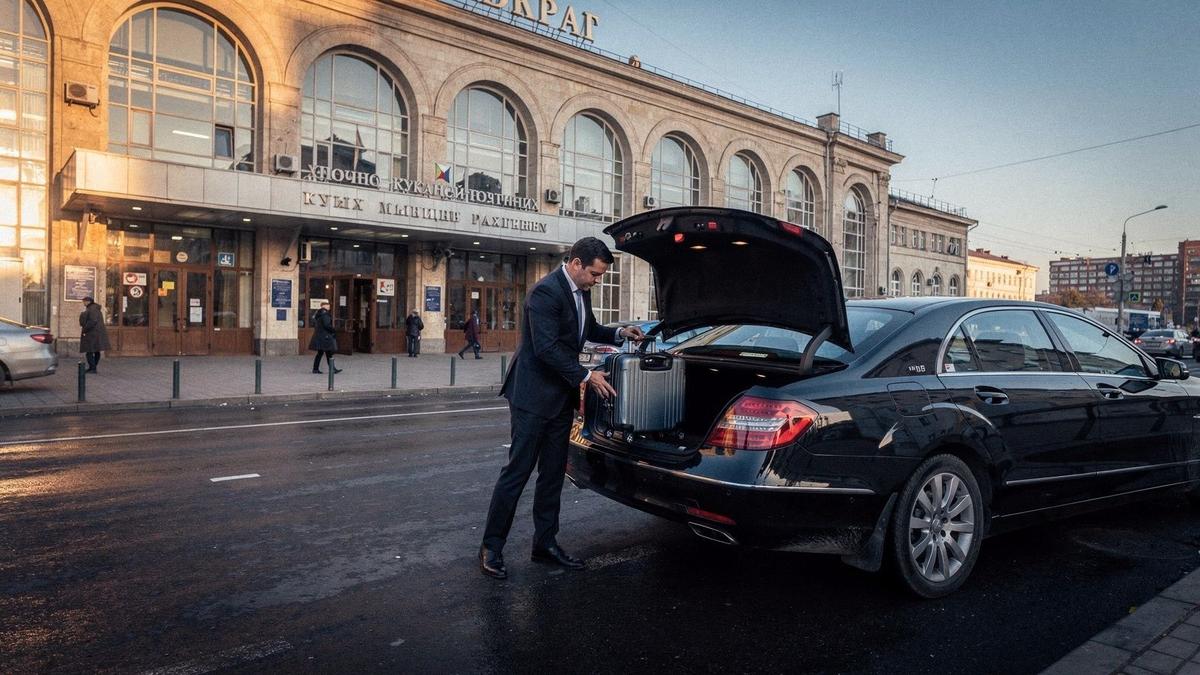 Chauffeur loading luggage into a dark sedan outside the station entrance in Kyiv